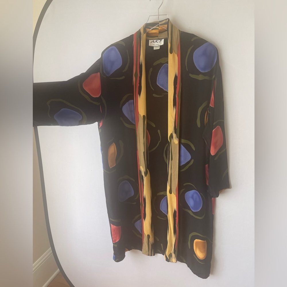 80s Rayon Geometric Primary Color Kimono Jacket Coverup M - Picture 6 of 15